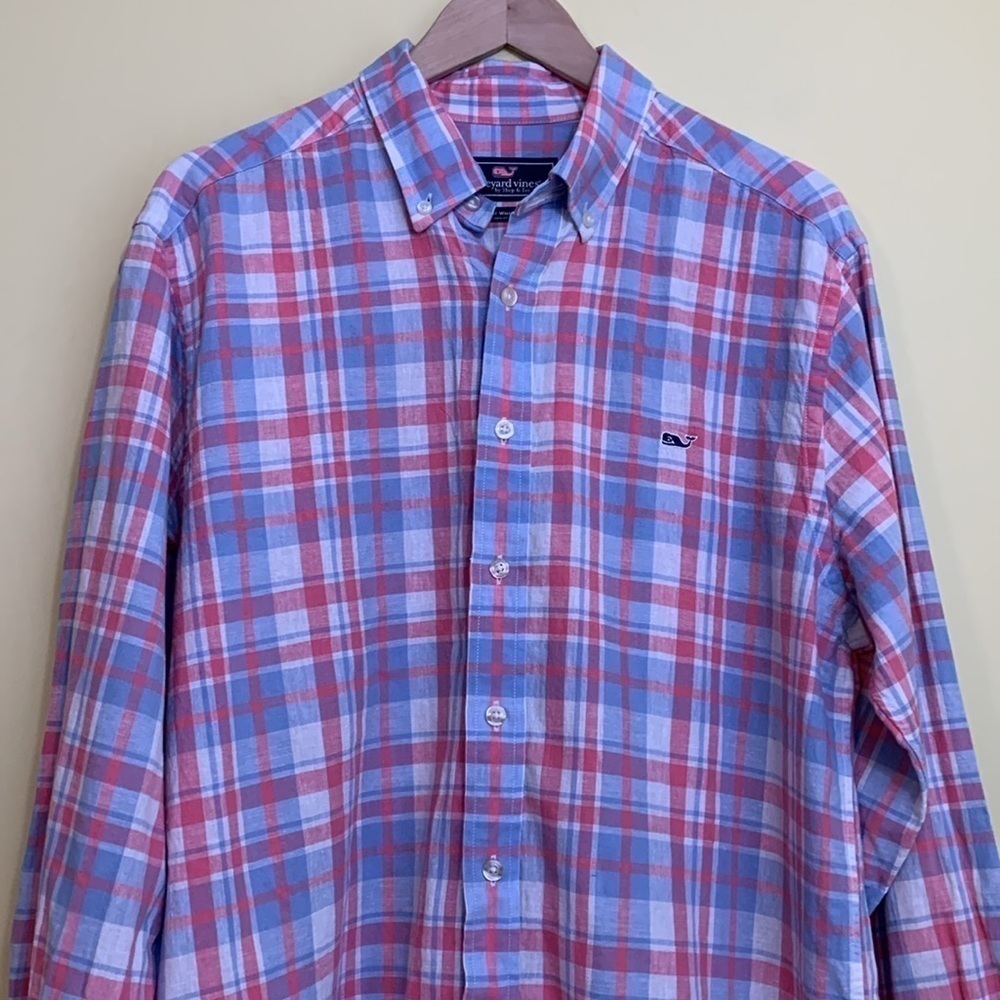 Vineyard Vines Plaid Slim Fit Whale Cotton Linen Blend Button Down Oxford Shirt - Picture 4 of 17